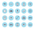 Ophthalmology, eyes health care vector line icons. Optometrist equipment, contact lenses, glasses, blindness, laser