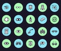 Ophthalmology, eyes health care vector line icons. Optometrist equipment, contact lenses, glasses, blindness, laser