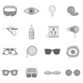 Ophthalmology icons set, gray monochrome style