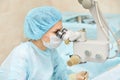 Ophthalmology laser microscope operation. Doctor in clinic. Patient eye treatment. Myopia and cataract removal Royalty Free Stock Photo