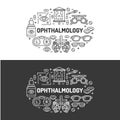 Ophthalmology, medical banner illustration. Eyes health care vector flat line icons of optometry equipment, contact