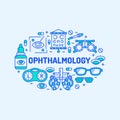 Ophthalmology, medical banner illustration. Eyes health care vector line icons of optometry equipment, contact lenses