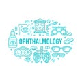 Ophthalmology, medical banner illustration. Eyes health care vector line icons of optometry equipment, contact lenses