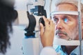 Ophthalmology, medical and eye exam with old man and consulting for vision, healthcare and glaucoma check. Laser, light Royalty Free Stock Photo