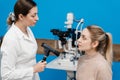 Ophthalmoscopy. Consultation with optometrist in medical clinic. Ophthalmologist examines the eyes of woman with