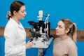 Ophthalmoscopy. Consultation with optometrist in medical clinic. Ophthalmologist examines the eyes of woman with