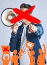 Opinion, cancel culture and restriction with person and megaphone in studio for voice, social media or censorship