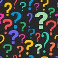 Opinion poll by conducting a series of questions, survey poster mockup. Many multicolor question marks seamless pattern on the