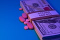 Opioid crisis drugs pills prescription medication and money Royalty Free Stock Photo