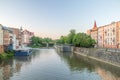 Sunrise view Mlynowka canal in city center of Opole Royalty Free Stock Photo