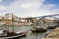 Oporto city, Luiz 1st bridge and boats with Port wine Royalty Free Stock Photo