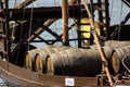 Oporto, Portugal: detail of rabelo boat with barrels of Port wine Royalty Free Stock Photo