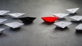 Opportunities Business Concept-Paper Boat key opinion Leader, influence concept. One black paper boat as a Leader Royalty Free Stock Photo