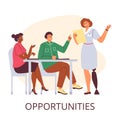 Opportunities woman with prostheses poster, manager with prosthetic leg, inclusion people with disabilities vector