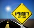 Opportunity just ahead road sign on the road with sky and sun over the horizon. Vector Royalty Free Stock Photo