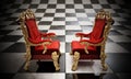 Opposing two thrones standing on checkered board. 3D illustration