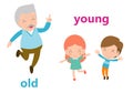 Opposite adjectives old and young illustration, Opposite English Words old and young vector illustration on white background Royalty Free Stock Photo