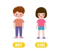 Opposite boy and girl, Words antonym for children with cartoon characters happy cute girl and boy, Flat vector illustration