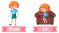 Opposite English Words stand and sit Royalty Free Stock Photo