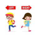 Opposite left and right, Girl on the left and boy on the right on white background,sign left and right isolated