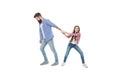 Opposite opinion. Opposite direction. Misunderstanding and protest. Stay your position. Father kid moving opposite Royalty Free Stock Photo