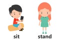 Opposite words sit and stand vector illustration, Opposite English Words sit and stand vector illustration on white background