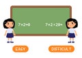 Opposites concept, EASY and DIFFICULT. Word card with little asian schoolgirl vector template