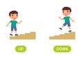 Opposites concept, UP and DOWN. Word card for language learning. Little boy goes up the stairs, goes down Royalty Free Stock Photo