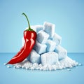 Opposites and contrast. Red hot chili pepper lies near white sugar cubes pile. Blue background. AI generative art