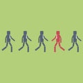 Opposition concept. One red businessman figure walking contrary to a group. Vector illustration