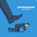 Oppression concept. Big foot boss presses on the small employee. Vector