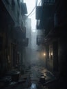 An oppressive fog creeps through the alleys of a crumbling city its twisted inhabitants skulking in its shadows. Gothic Royalty Free Stock Photo