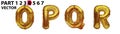 OPQR gold foil letter balloons on white background. Golden alphabet balloon logotype, icon. Metallic Gold OPQR Balloons. Text for