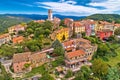 Oprtalj. Idyllic hill village of Oprtalj in green landscape aerial view