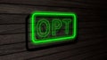 Opt green color neon fluorescent tubes signs on wooden wall. 3D render, illustration, poster, banner. Inscription, concept on gray Royalty Free Stock Photo