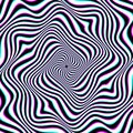 Optical art background of white black and cyan magenta wavy stripes twisted in a weird spiral. Psychedelic round ornament design