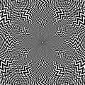 Optical art circular pattern of zigzag black lines in the form of radiation. Round psychedelic background design