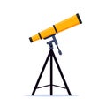 Optical device to explore, discover galaxy, cosmos, space. Telescope on tripod. Modern portable three legged telescope, astronomer