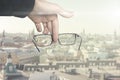 an optical eyevision concept, frame of eyeglasses show focused image on the blurred background Royalty Free Stock Photo