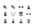 Optical fiber flat glyph icons. Network connection, computer wire, cable bobbin, data transfer. Signs for electronics