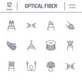 Optical fiber flat line icons. Network connection, computer wire, cable bobbin, data transfer. Thin signs for