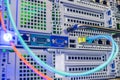 The optical fiber telecommunication cable is connected to the interface of a powerful server. Fiber optic network of Internet