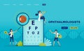 Optical health illustration of ophthalmologist explains damaged part of retina using eye anatomy and snellen. Can be used to