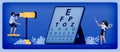 Optical health illustration of ophthalmologist use optometry to check patients viewing distance in reading Snellen. Can be used to