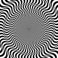 Optical illusion background. Black and white abstract distorted wavy lines surface. Radial waves poster design. Trippy
