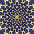 Optical illusion background. Blue drops fly away circularly from the center on yellow background