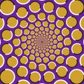 Optical illusion background. Golden circles are moving circularly from the center on purple background