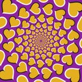 Optical illusion background. Golden hearts are moving circularly from the center on purple background