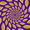 Optical illusion background. Golden pointed ellipses are moving circularly from the center on purple background