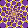 Optical illusion background. Purple circles are moving circularly toward the center on golden background.